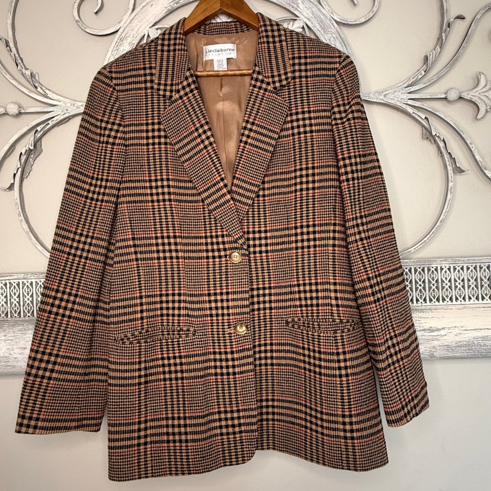 Vintage 90's Liz Claiborne Plaid Wool Blend Blazer Tan Black Red Size 12 EUC